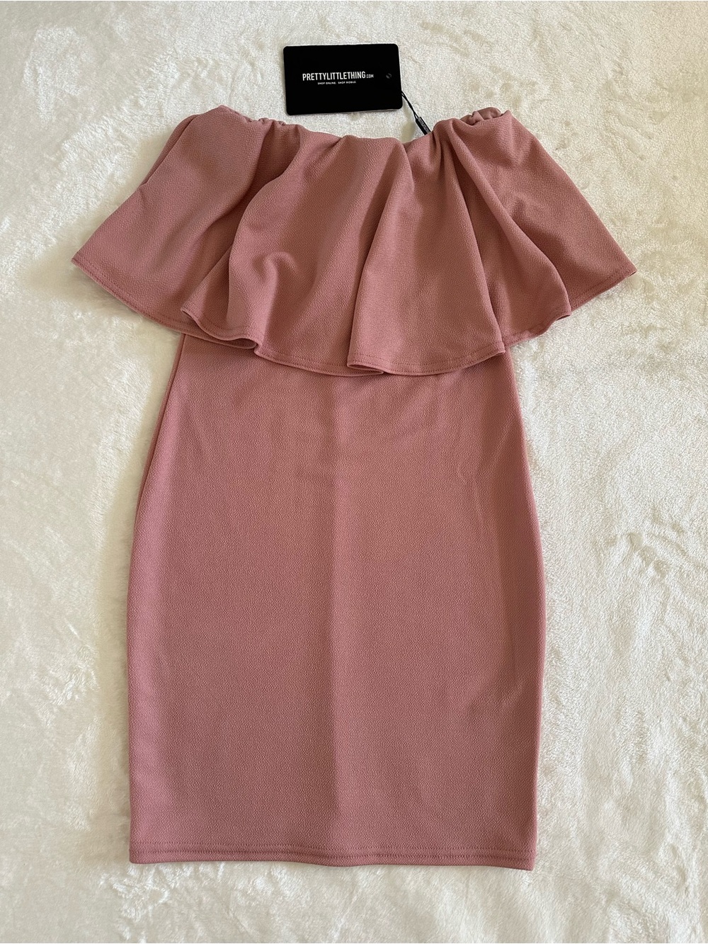 PrettyLittleThing Dusty Pink Ruffle Strapless Bodycon Mini Dress US0 NWT